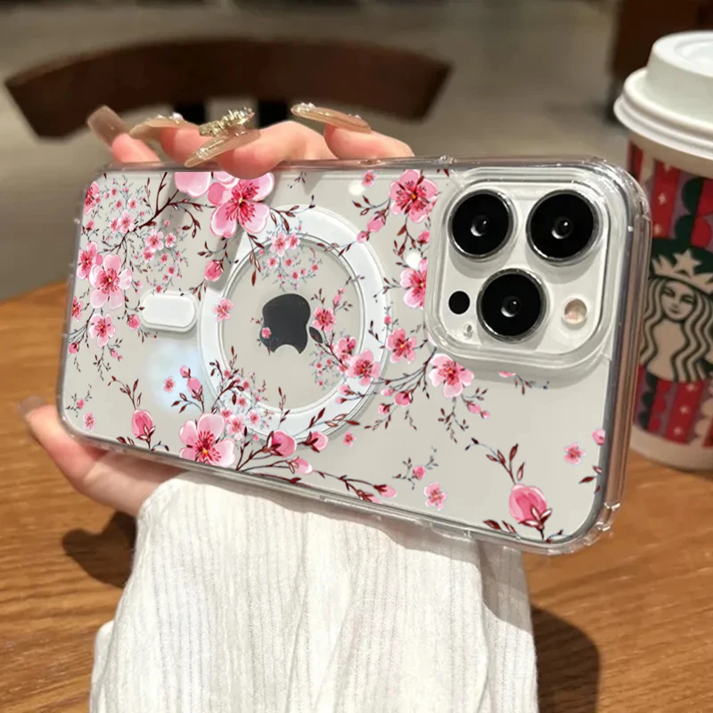 รูปสินค้า เคสซิลิโคนใสลายดอกพีช นุ่มกันกระแทก สำหรับ iPhone 15/14/13/12 Pro Max