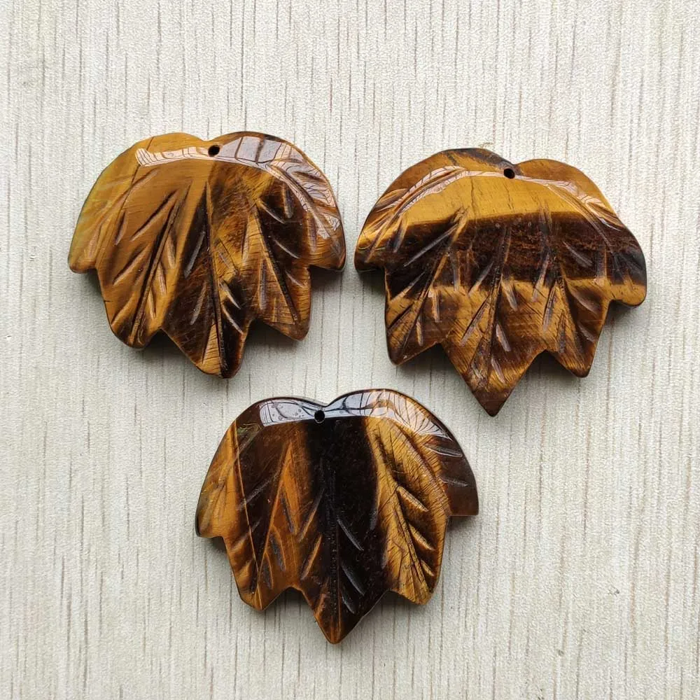 

Beautiful Carved maple leaf pendants Good quality natural tiger eye Stone for necklace making 3pcs/lot Wholesale Free shipping