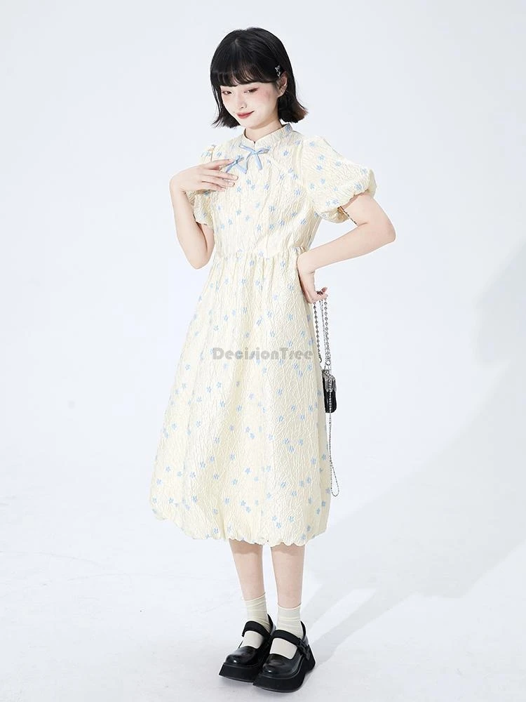 

2024 summer chinese style daily improved cheongsam exquisite floral jacquard medium length qipao sweet style puff sleeve dress