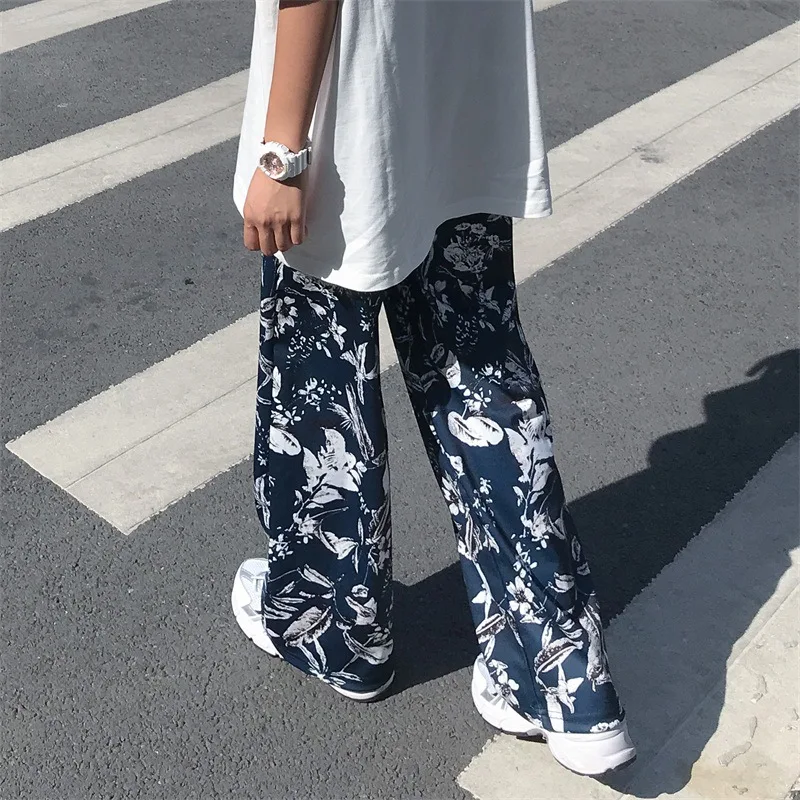 Womens Floral Printed Retro Beach Loose Trousers Korean Style Chic All-match Wide Leg Pants Oversize Casual Elegant Trendy Hot