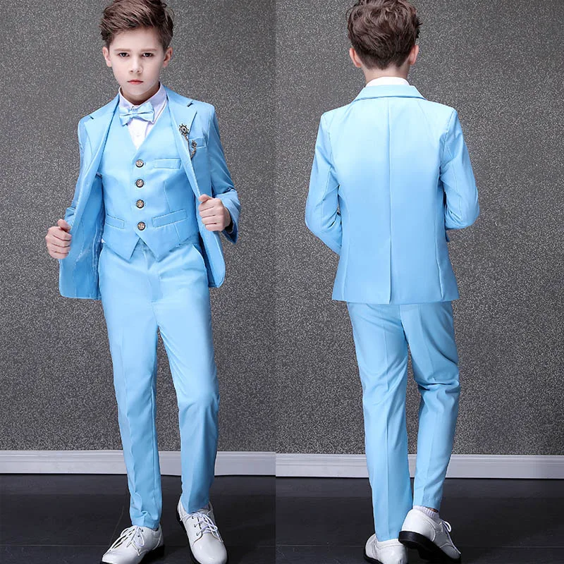 Kids Tuxedo Evening Party Wear Teenager Graduation Birthday Costume Children Sky Blue Photograph Suit Flower Boys Wedding Dress boys suit set