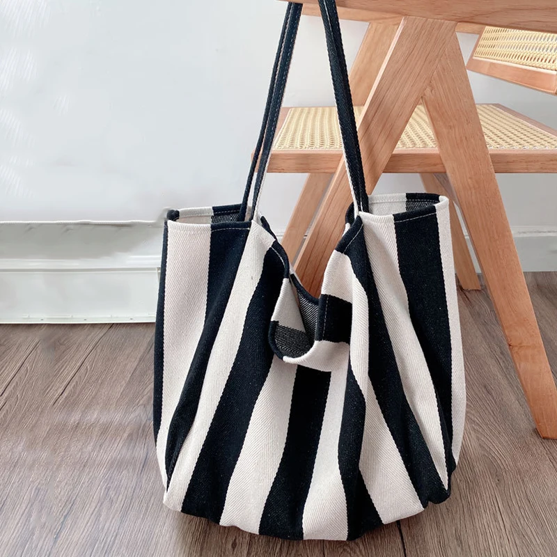 Fashion Striped Shoulder Bag Vintage Ultra Large Capcity Handbag Korean Style Canvas Bag
