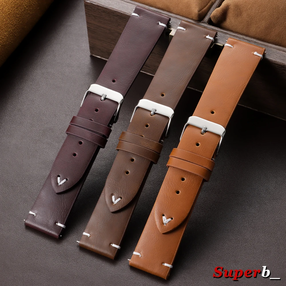 Vintage Brown Leather Watch Band with Quick Release Mechanism - Universal Lightweight Strap