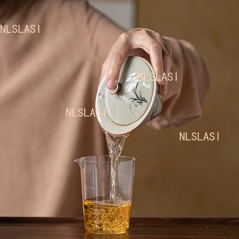 1pcs 120ml Ceramic Tea Lid Bowl Hand Drawn Bamboo Cup Made of Wood Ash Chinese Household Kung Fu Tea Set Drinking Utensils