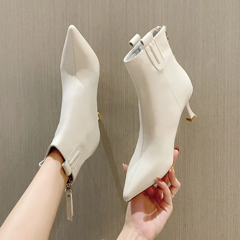 

New Short Plush Snow Boots Women Pointed Toe Thin Heels Ankle Boots Woman Black White High Heel Winter Shoes Female