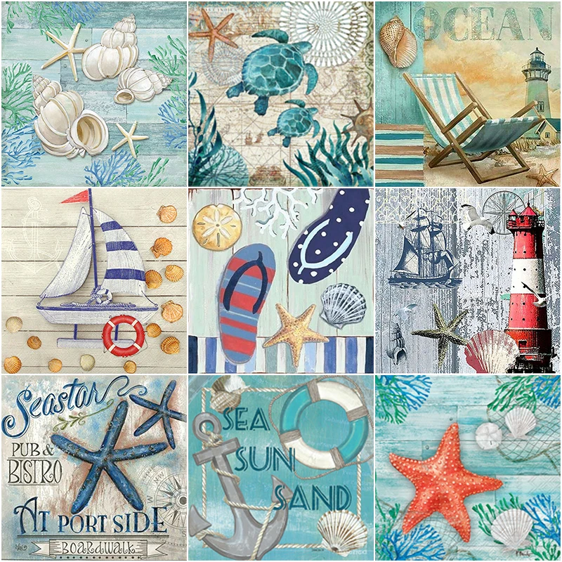 5D DIY Sea Diamond Painting Turtle Starfish Sailboat Full Drill Embroidery Scenery Mosaic Art Picture of Rhinestones Home Decor