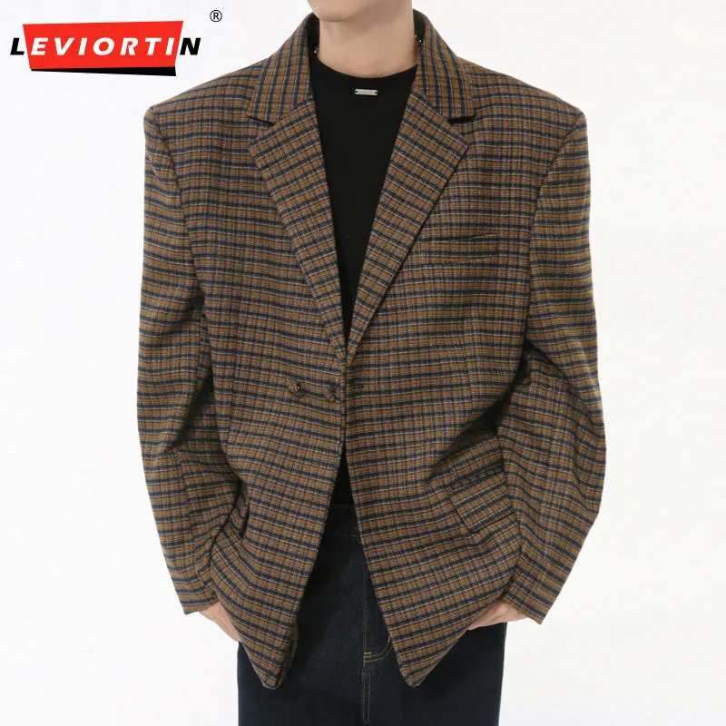 LEVIORTIN British Style Men's Blazers Vintage Double Breasted Plaid Design Casual New Autumn Loose Male Suit Jackets Trendy