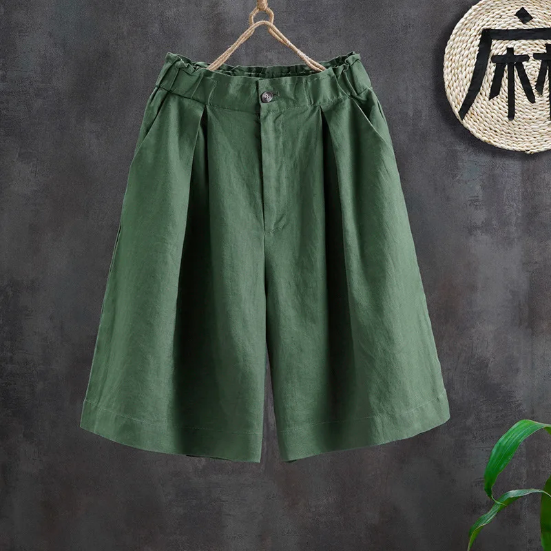 

Summer Fashion Women Cotton Linen Short Elastic Waist Solid Color Simple Basic Wide Leg Loose Casual Versatile Half Length Pants