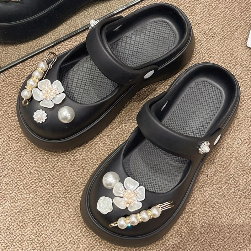 

String Pearls Bling Flowers 5CM Platfrom Decor Vented Clogs Slides Summer Girls Slippers Women Shoes Outdoor Beach Sandals