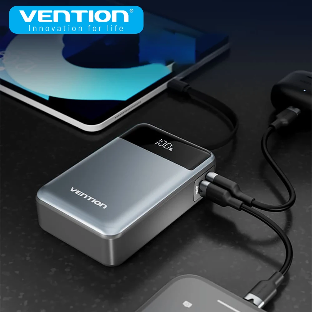 Power Bank Vention Power Bank 20000mAh 65W PD Fast Charger with Built-in Type-C Cable Portable Powerbank for Laptops External Spare Battery