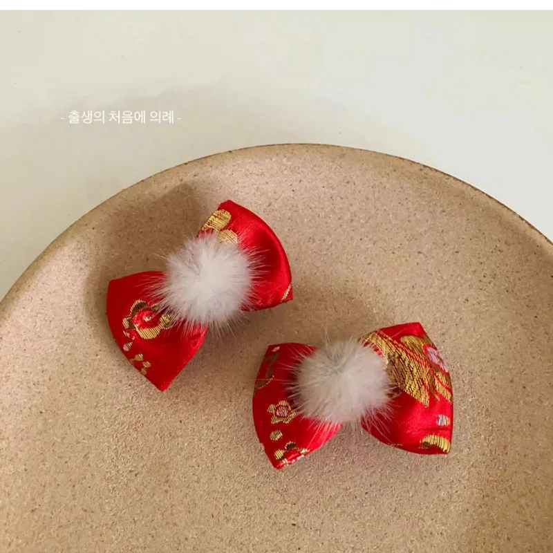 여아용 빨간 리본 헤어 클립 귀여운 하트 공주 머리핀 어린이 겨울 한국 스타일 달콤한 헤어 액세서리 새해 어린이용 액세서리