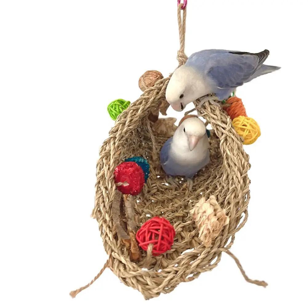 Bird Toys Seagrass Woven Climbing Hammock Swing With Colorful Chewing Rope for Lovebirds, Finch, Parakeets Conure, Cockatiel