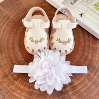 2pcs Newborn Baby Girls Floral Pattern Closed Toe Non-Slip Soft Sole Sandals & Headband Set, Spring & Summer 3