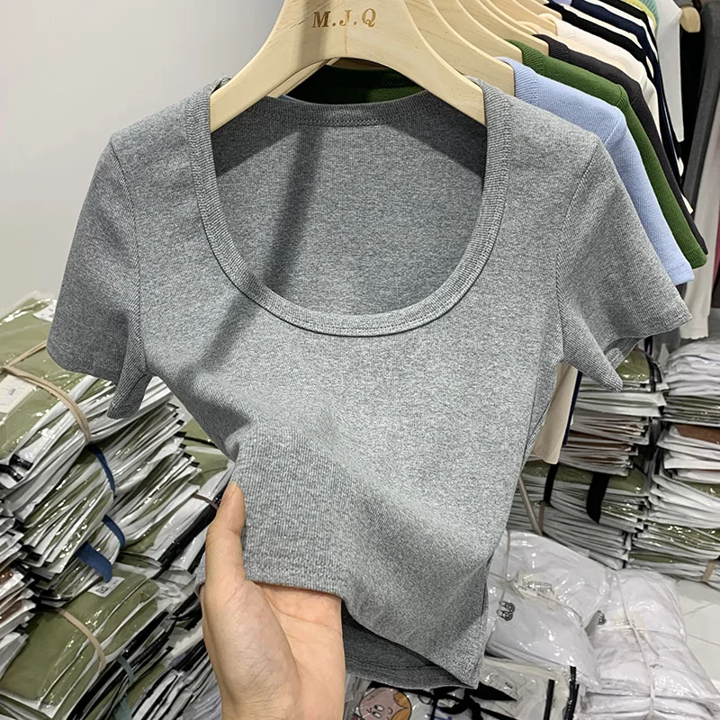 

Sexy U-neck Short Chic Top Female Skinny Elastic Screw Thread Short Sleeve T-shirt Women Solid Color Summer Clothing
