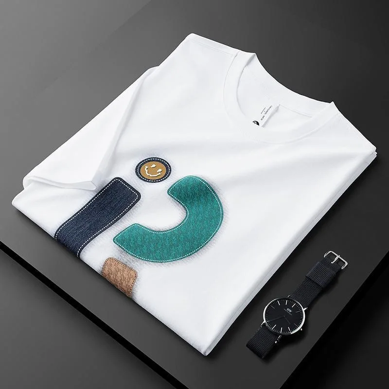 

100% Cotton Premium Letter Embroidery T-shirt Men's Round Neck 2023 Summer Fashion Handsome Smiling Face Print Short Sleeve Top