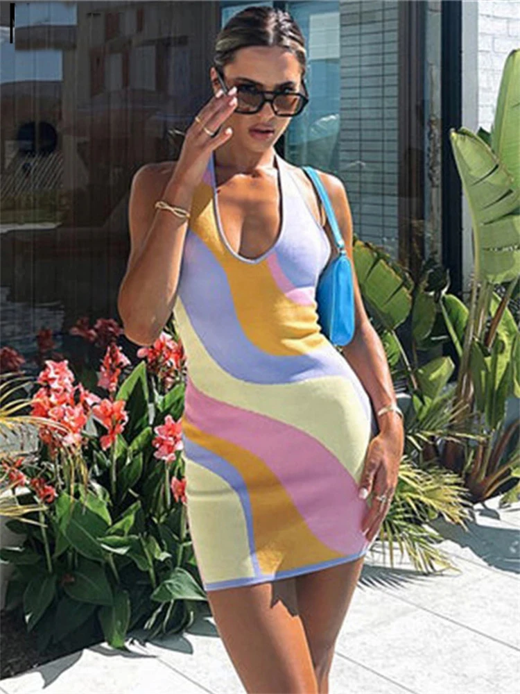 

Women Summer Tie Dye Wrapped Dress Sleeveless Hanging Neck Print Slimming Casual Party Short Summer Midi Elegant Sundress S M L
