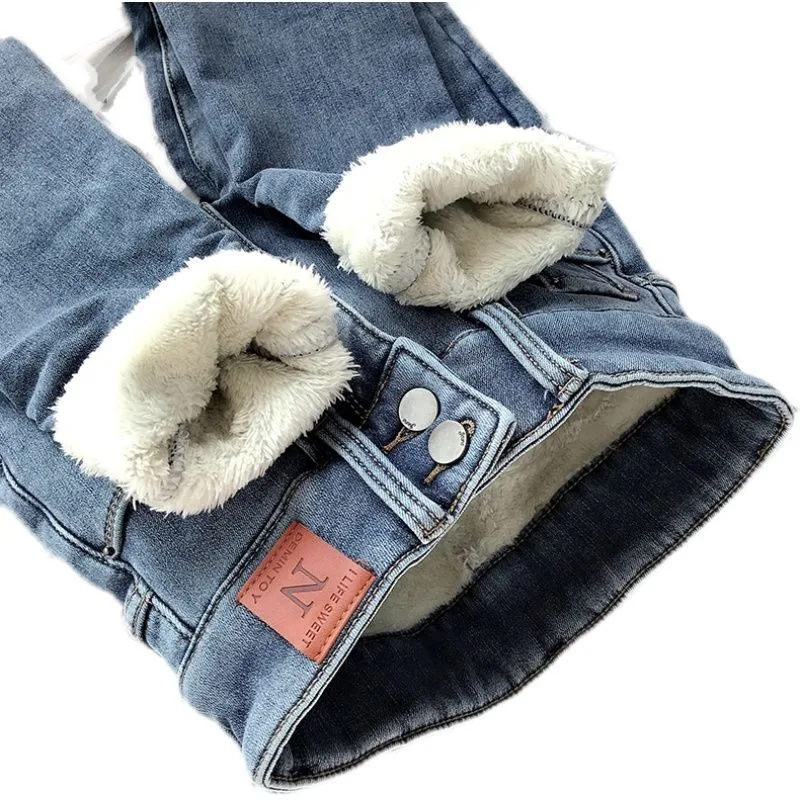 Pantalones vaqueros ajustados de felpa para mujer, Jeans elásticos de cintura alta con forro térmico, corte de bota de invierno