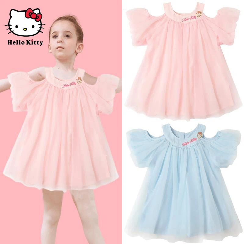 

Sanrios Hellokittys Kawaii Girl Summer Short-Sleeved Off-Shoulder Mesh Princess Dress Baby Party Skirt Kids Wedding Tutu Costume