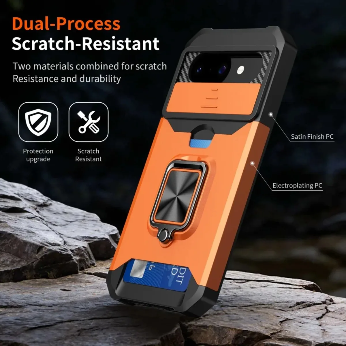 Card Slot Ring Holder Kickstand Armor Phone Case with Slide Camera Cover