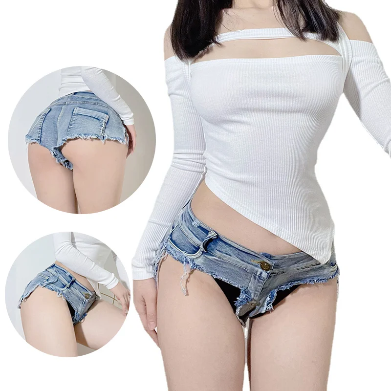 Woman Ultra-Low Waist Mini Jeans Thongs with Sexy Long Sleeve One Shoulder Crop Top Open Crotch Pants Demin Fashion Club Shorts