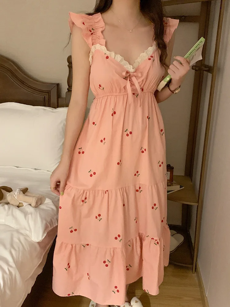 Cherry New Soft Home Pink Sleeveless Korean NightDress Women V-Neck Elegant Kawaii Printing Summer Sexy Sweet Princess Loose Ins