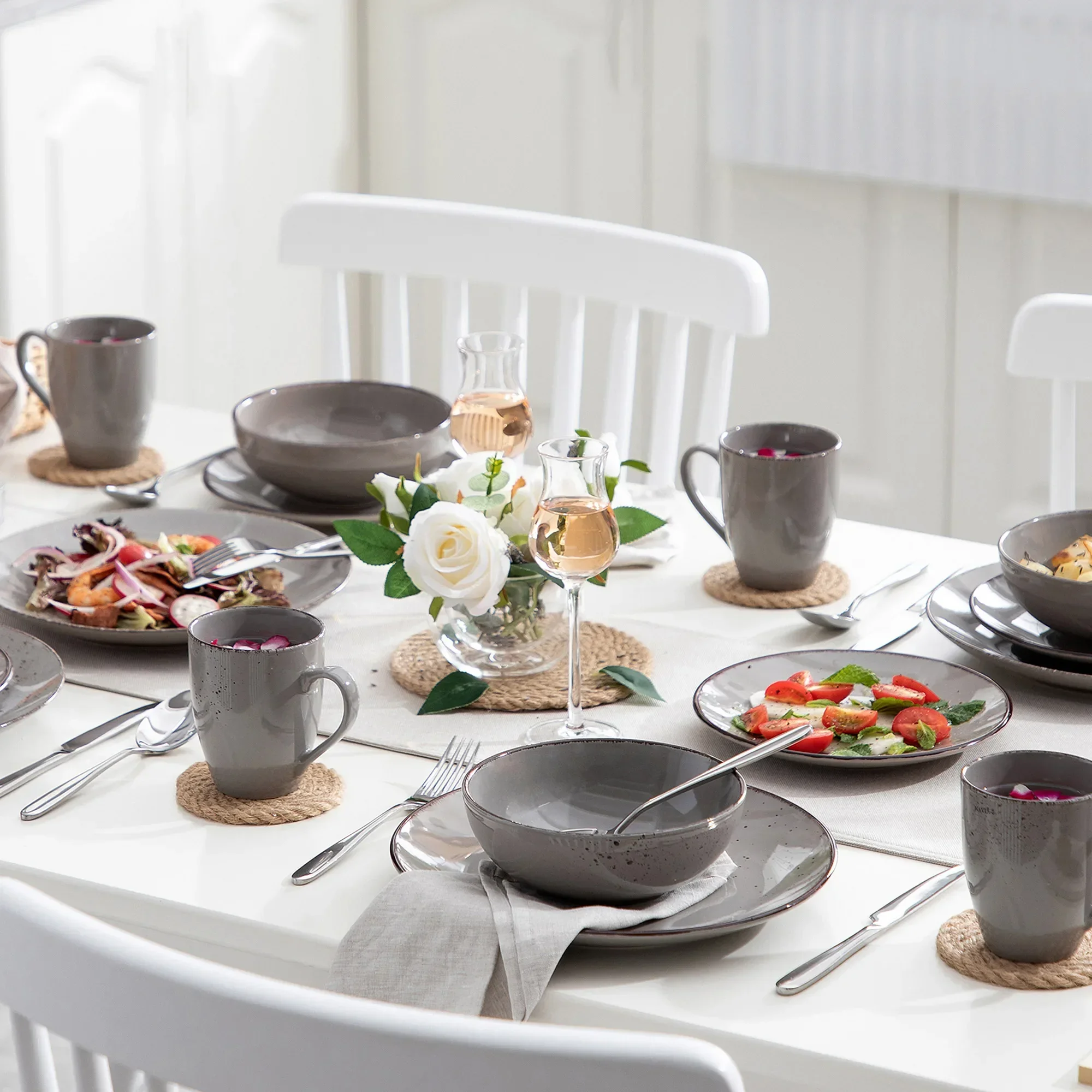 Navia Grey 16/32/48-Piece Ceramic Stoneware Dinnerware Set with Dinner Plate Dessert Plate 800ml Bowl Mug Tableware Set