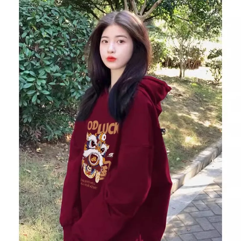 2024 Spring and Autumn New Women's Chelizi Red Primordial Year Dragon Year Hoodies Loose Size Plus Fleece Thickened Pullover