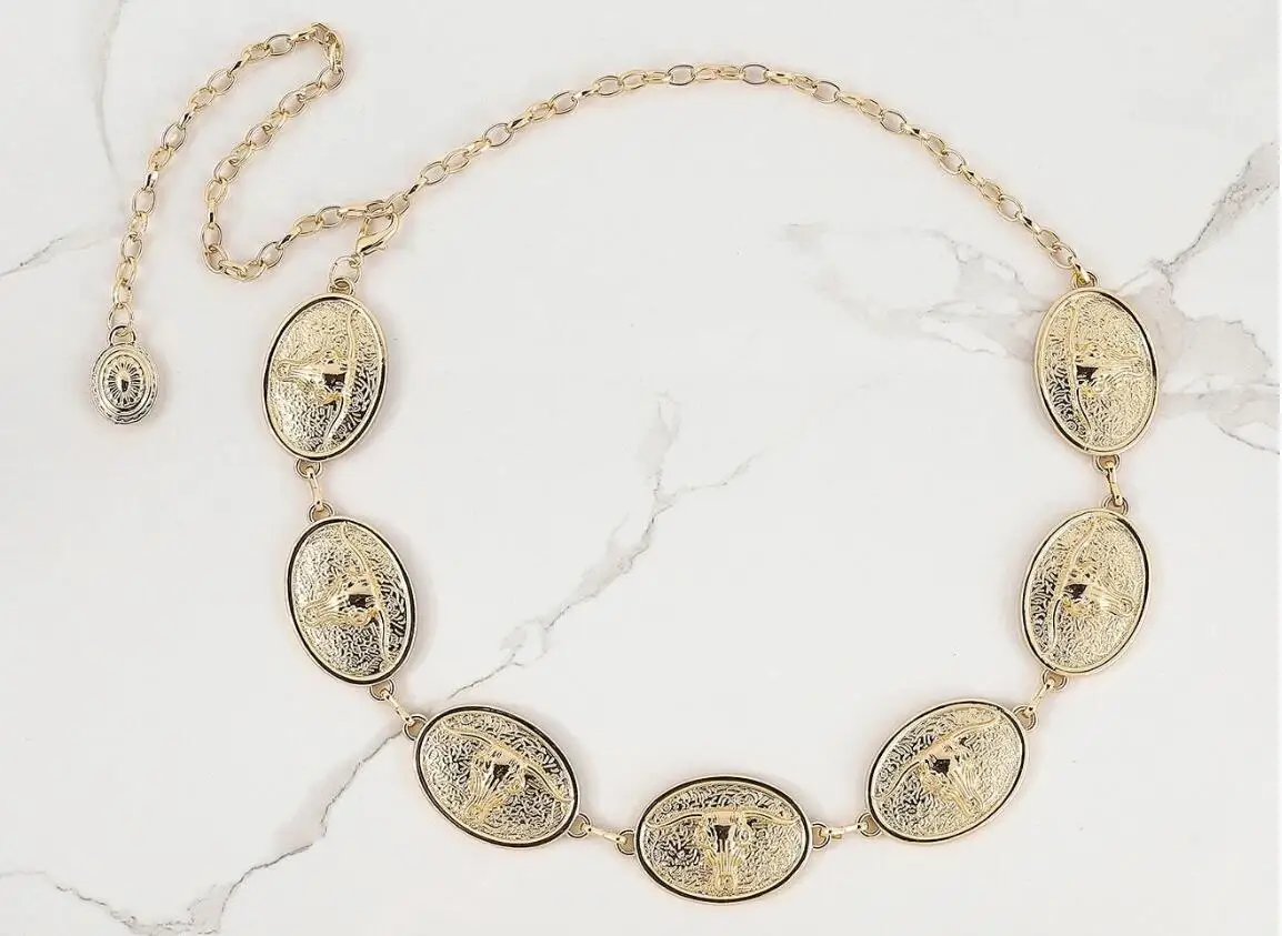 

Fashion Bull Shape Oval Zinc Alloy Conchos Chain Belts for Women