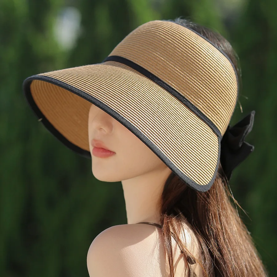 Korean Summer Large Brim Hollow Top Hat Fashion Bow Shading Straw Hat Casual Simple Sun Women Woven