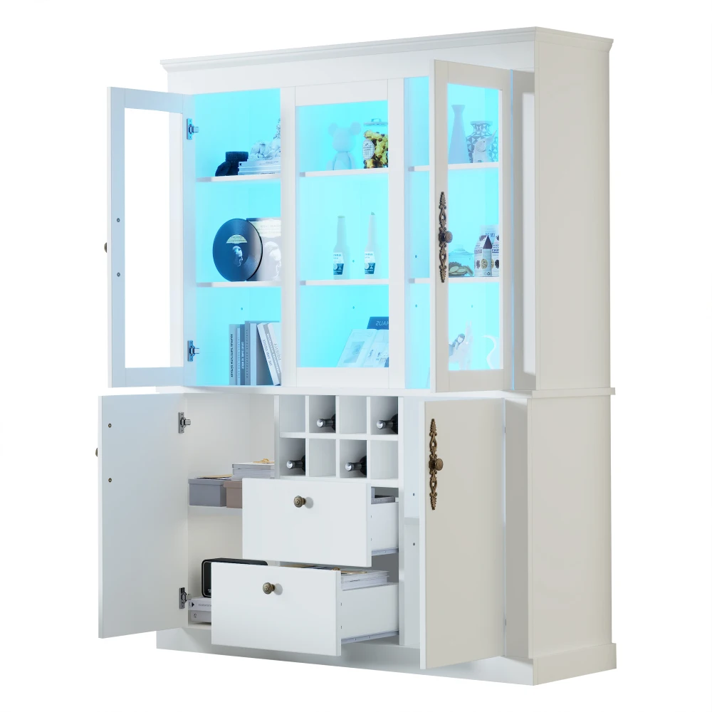 130 * 37,5 * 170,5 cm Vitrine mit 2 Schubladen und 4 Schranktüren, Glasvitrine mit LED und 8 Weinregalen, großer Schrank – Detail 14