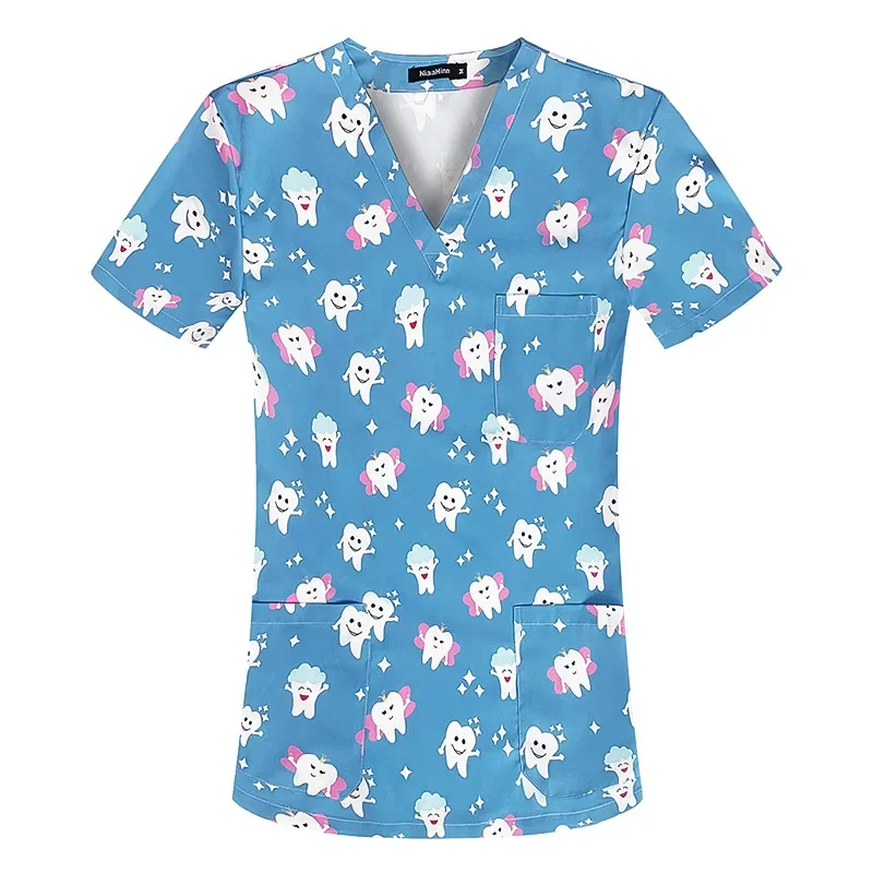 Stretch nurse uniform dental clinic V-neck surgical gown Christmas pet hospital work clothes women's short-sleeved tops