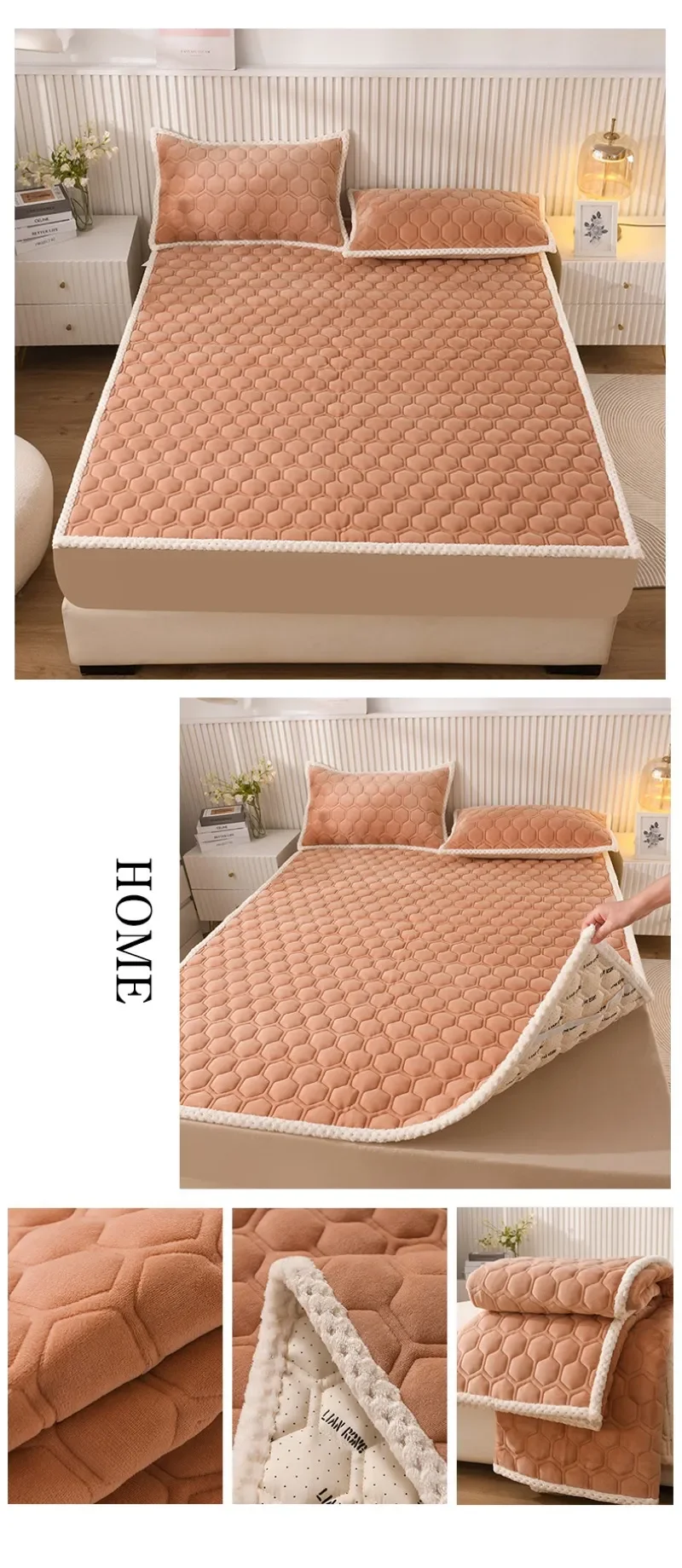 Description Picture 4 of itemThick Fleece Mattress Pad Warm Coral Fleece Bed Blanket Pads for Winter Solid Color Mattress Protector Cover for Double Beds
