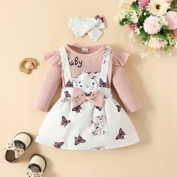 3 6 12 24 Months Infant Baby Girls Clothes Sets Cartoon Elephant Long Sleeve Rib Romper +Suspender Skirts+Headband 3Pcs Outfits 2