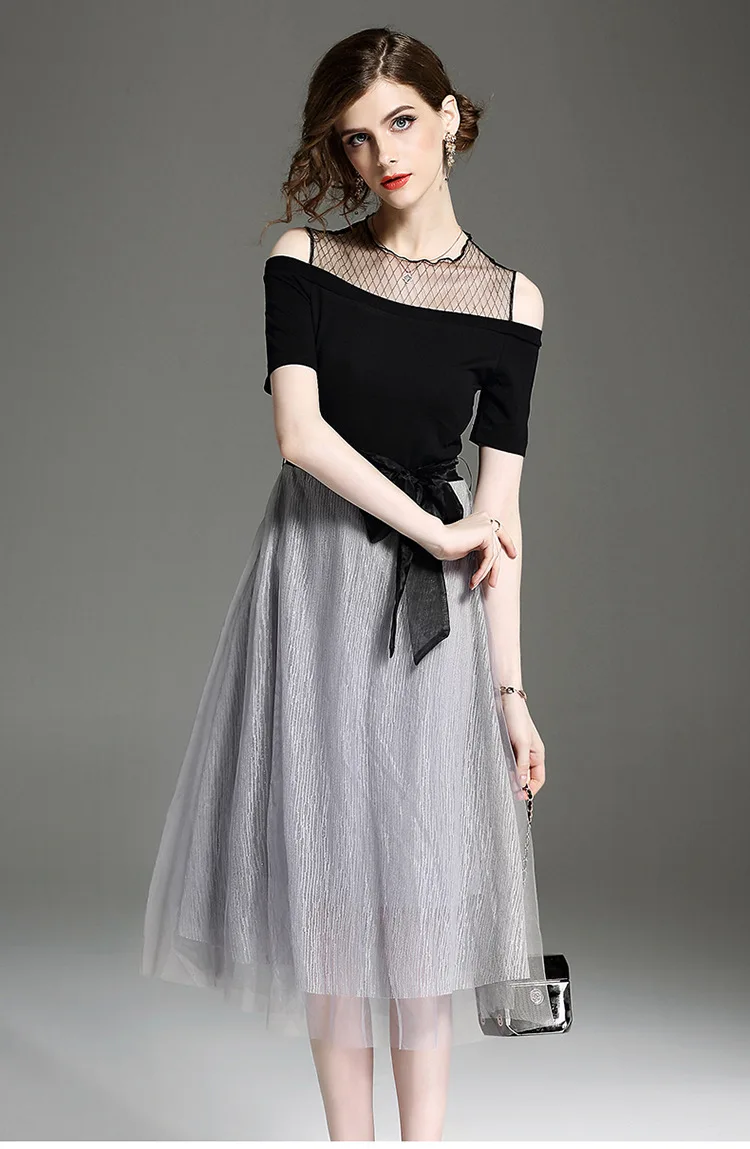 

European Station Short Sleeve Spliced Dress, Round Neck, Mesh, Summer, New and American Fashion, 2024