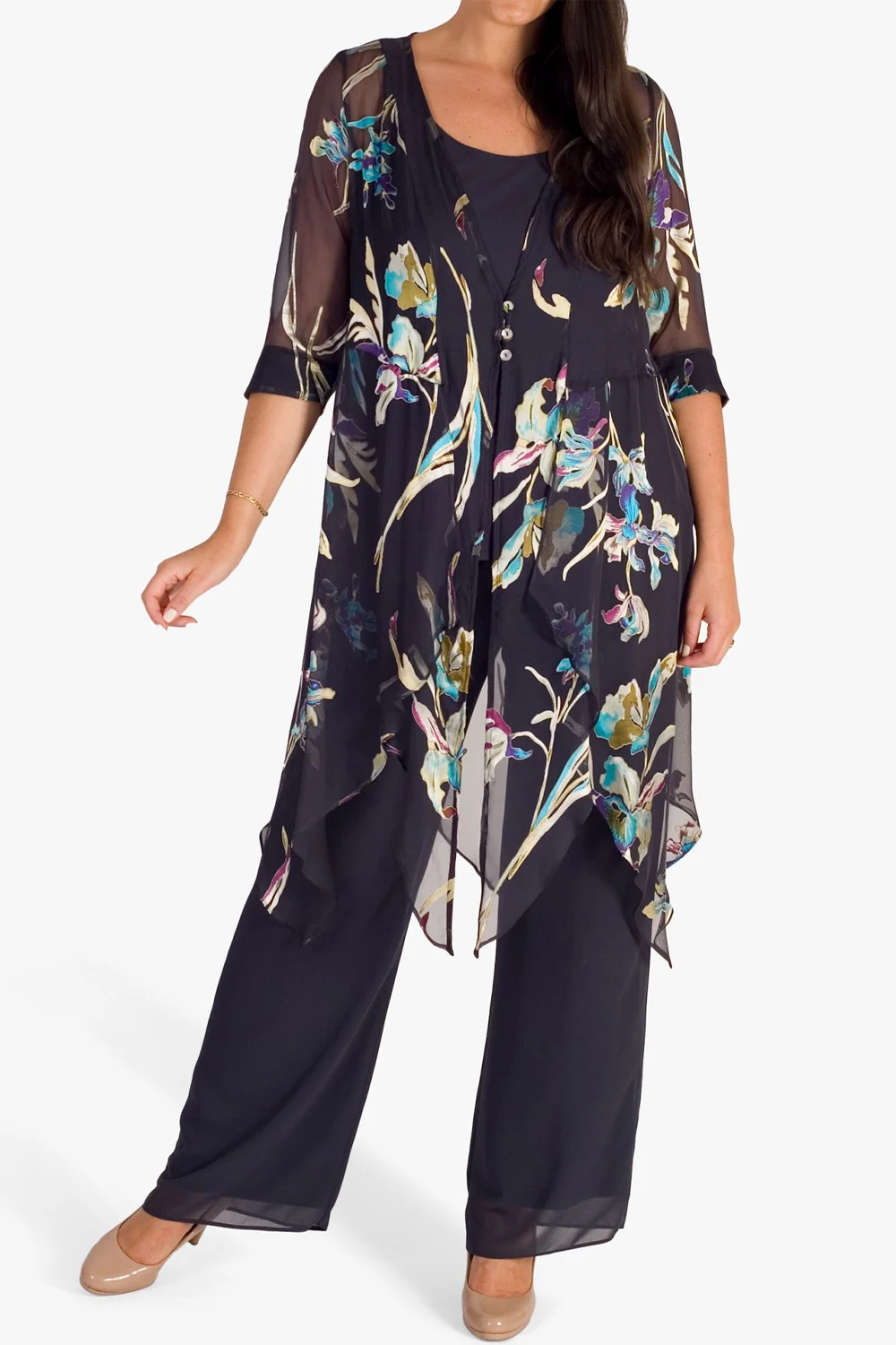 

Plus Size Mother Of The Bride Black Chiffon Floral Print Irregular Hem Three Piece Pant Suit Summer Women's Matching Set