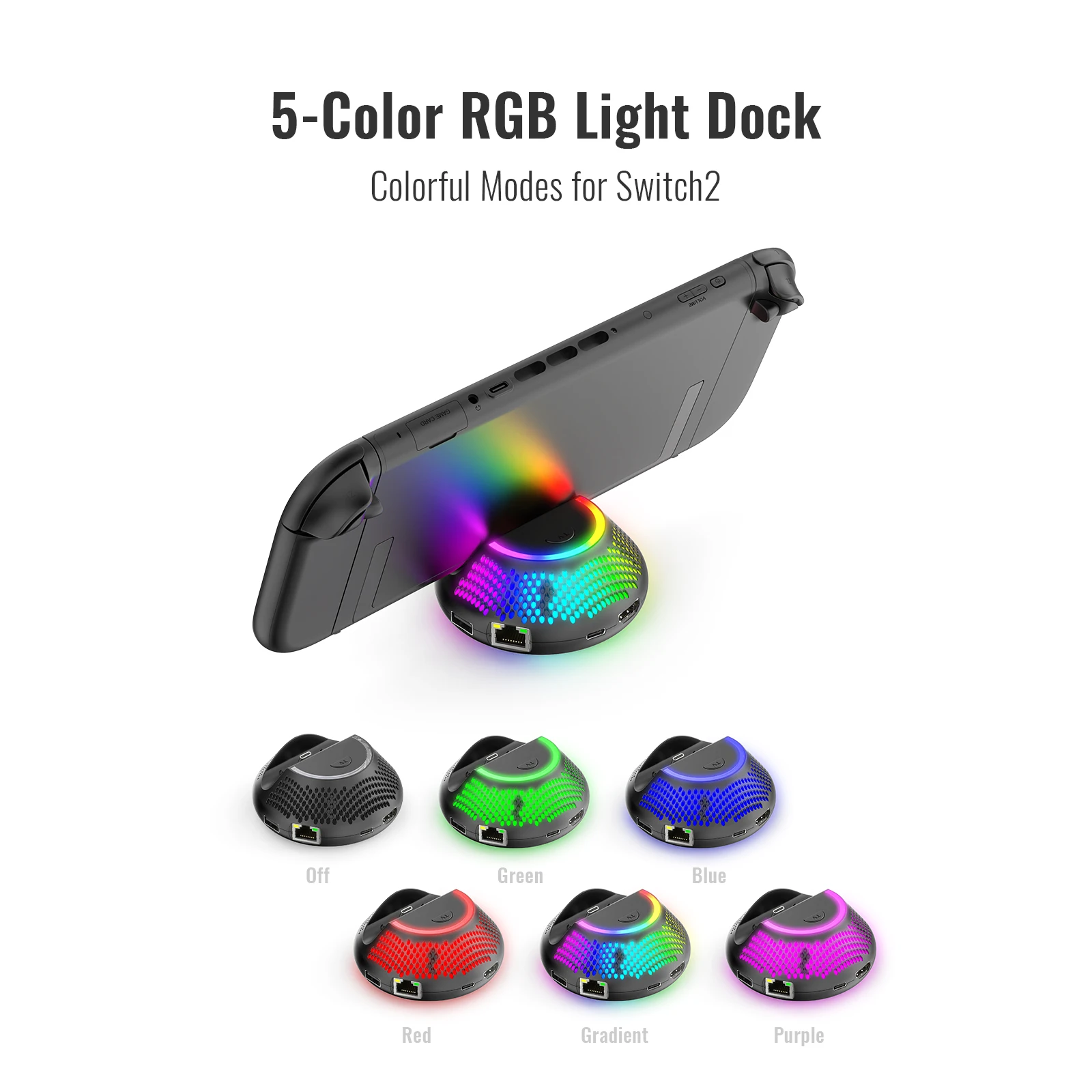 스위치 2용 5 in 1 TV 도킹 스테이션 NS2289, RGB 조명, 4K FHD/2 USB 포트/타입 C 포트, 원형 휴대용 TV 도킹 스테이션