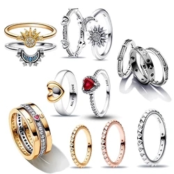 Pure Handmade 14K Gold Radiant Two-tone Sliding Heart Ring Women 925 Sterling Silver Jewelry Ring Set Birthday Gift