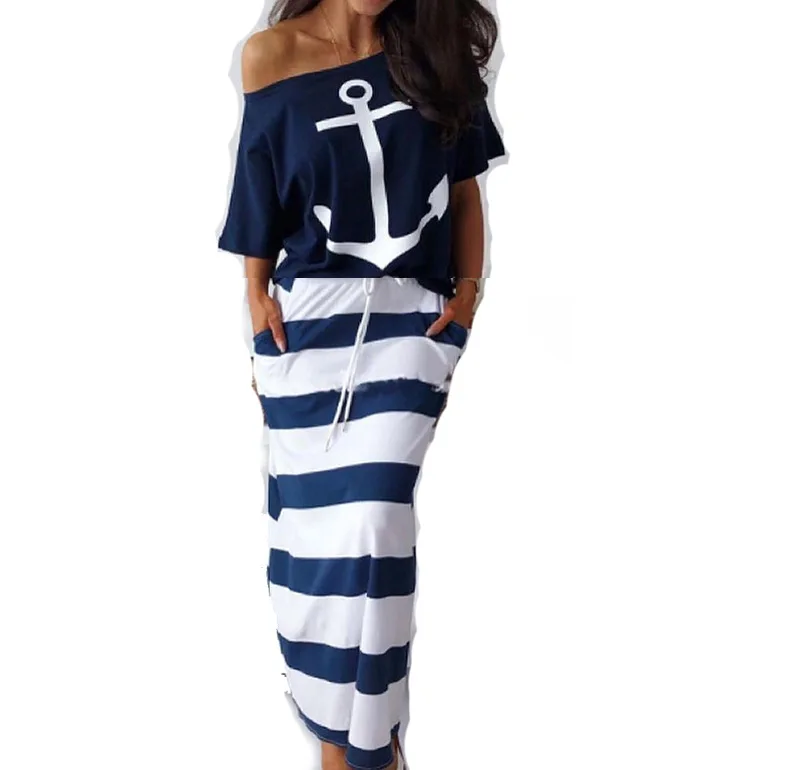 Sets for Women 2 Pieces 2024 Summer Boat Anchor Print Short Sleeve Top & Casual Drawstring Striped Pocket Daily Long Skirt Set