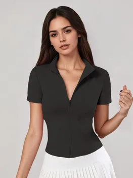 Women's Zip - Up Short - Sleeve Top, Slim - Fit Polo Neck, Elegant for Tennis & Casual Wear