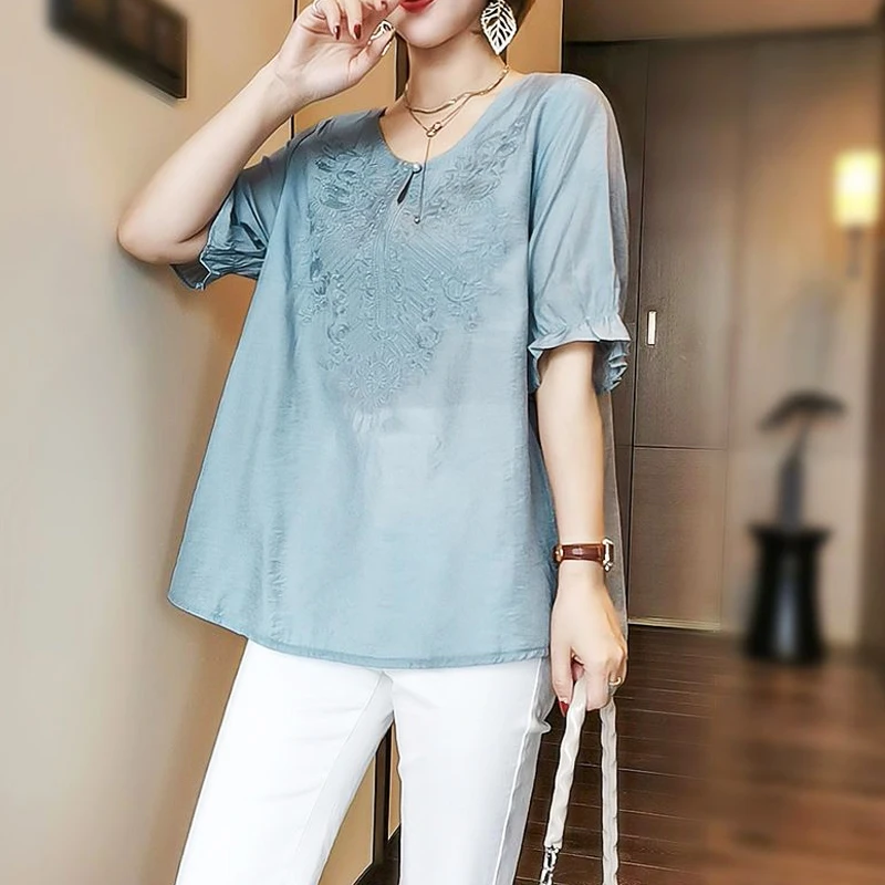 Elegant Fashion Temperament Butterfly Sleeve Embroidered Pullovers for Women Loose Blouses New 2023 Solid Color Chic Top T-Shirt 2023 temperament simple casual pure cotton loose za women suit jacket elegant chic single breasted outwear fashion blazer coat