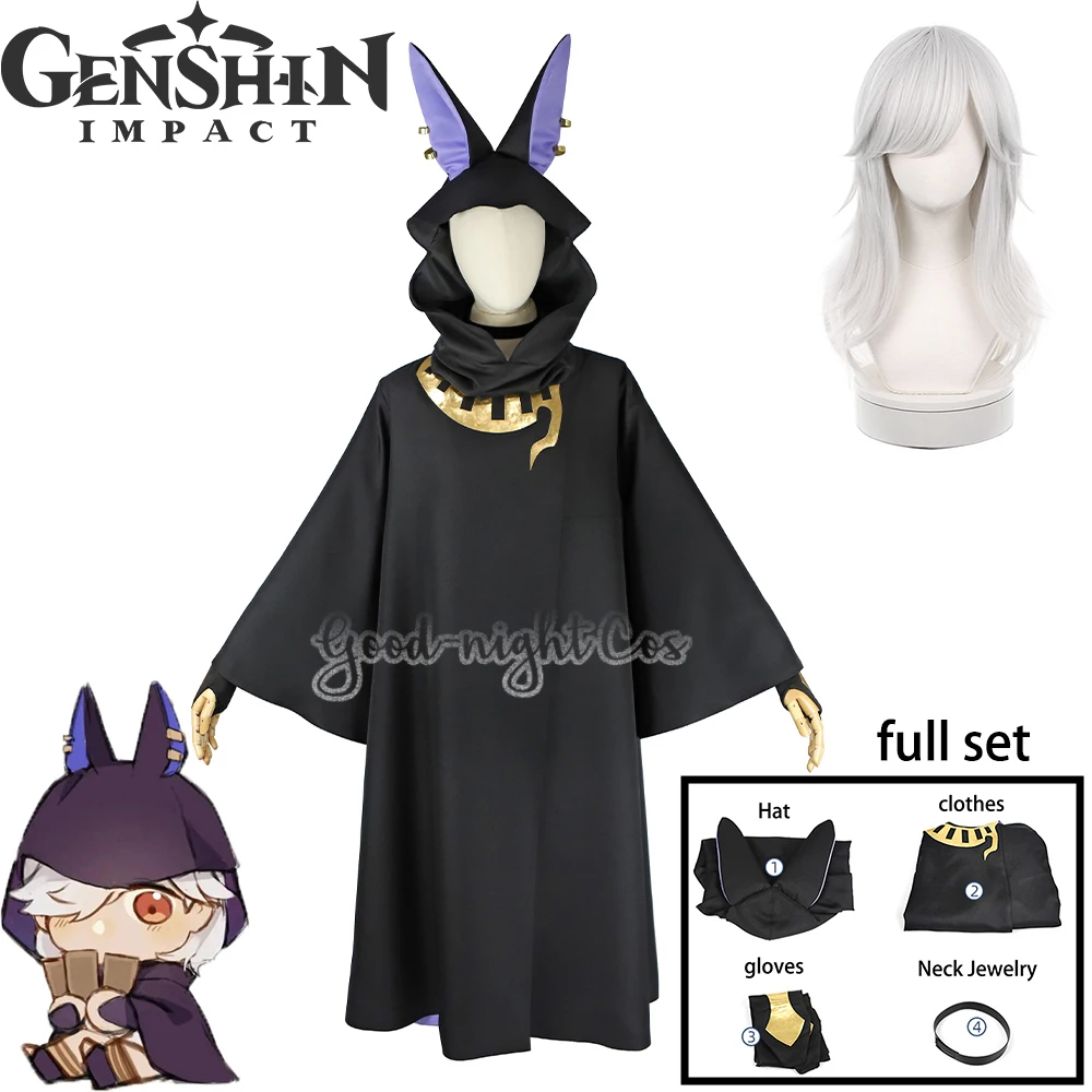 Game Genshin Impact Cyno Cosplay Costumes Wig Glovesblack Cloak Hat