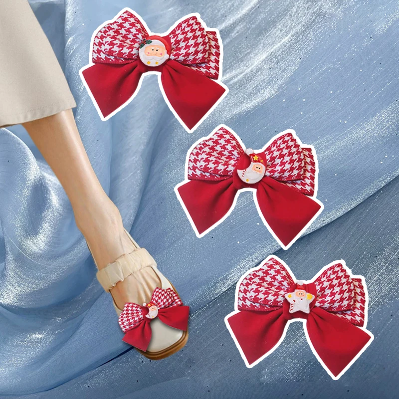 

2 Pcs Christmas Red Bow Shoe Clips Cute Santa Claus Shoe Accessories Detachable Women Shoe Buckle for Pumps Flats Decoration