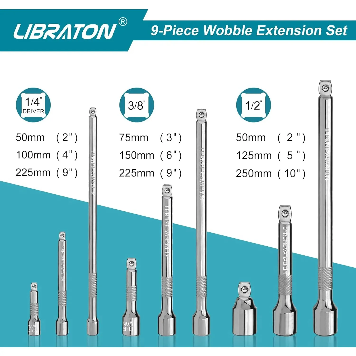 Libraton Wobble Extension Set Socket Extensions Set Ratchet Extensions 1/4" 3/8" 1/2" Wobble Extensions Drive Socket Extension 2