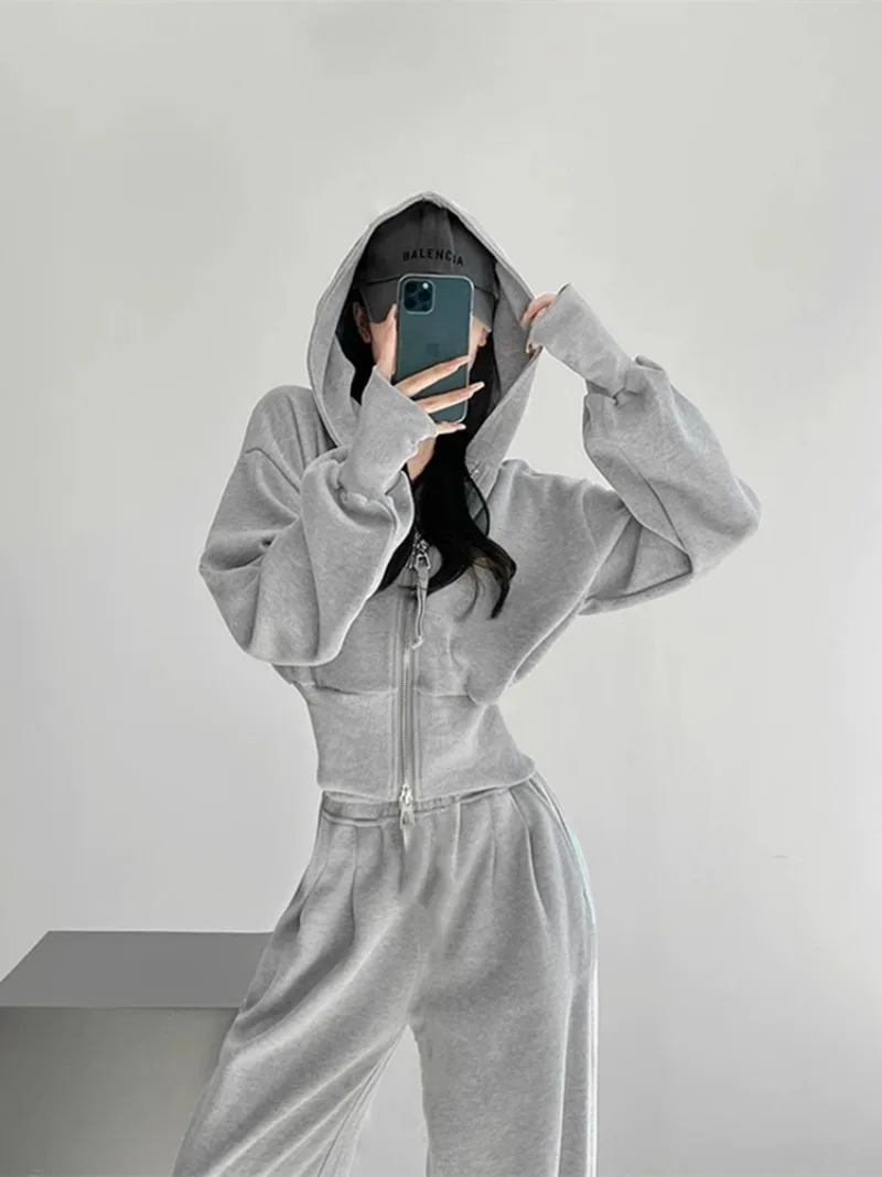 

Fashion Hooded Hoodies Sweat Pants Two-piece Set Women Korean Drawstring College Double Zipper Solid Spring Loose Sports Suit