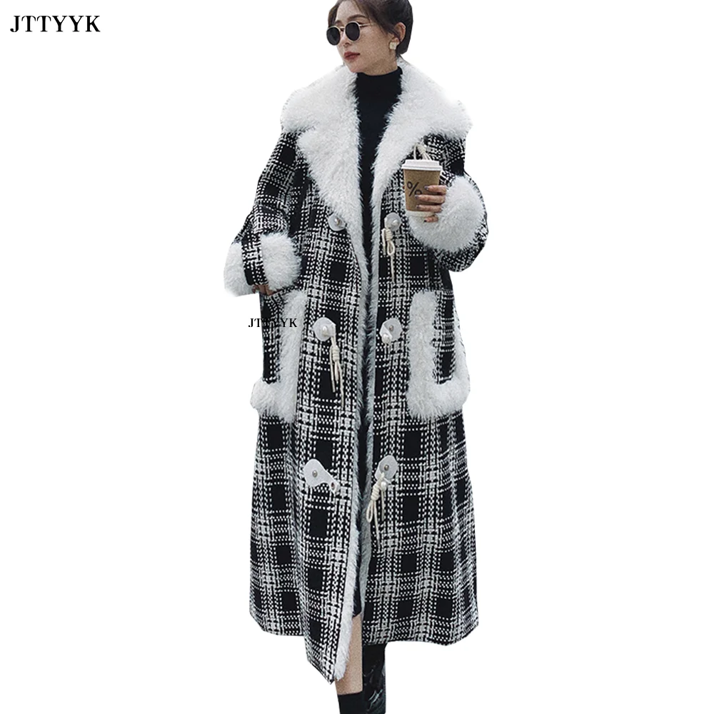 

Oversize Korean Autumn Winter Plaid Overcoat Horn Buckle Plush Splicing Woolen Coat Over-the-knee Long Wool Coat Women Clothes