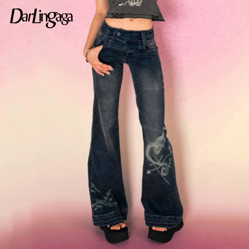 Darlingaga Y2K Grunge Fairycore Chic Skinny Low Rise Flared Jeans Women Vintage Aesthetic Heart Printed Denim Trousers Boot Cut