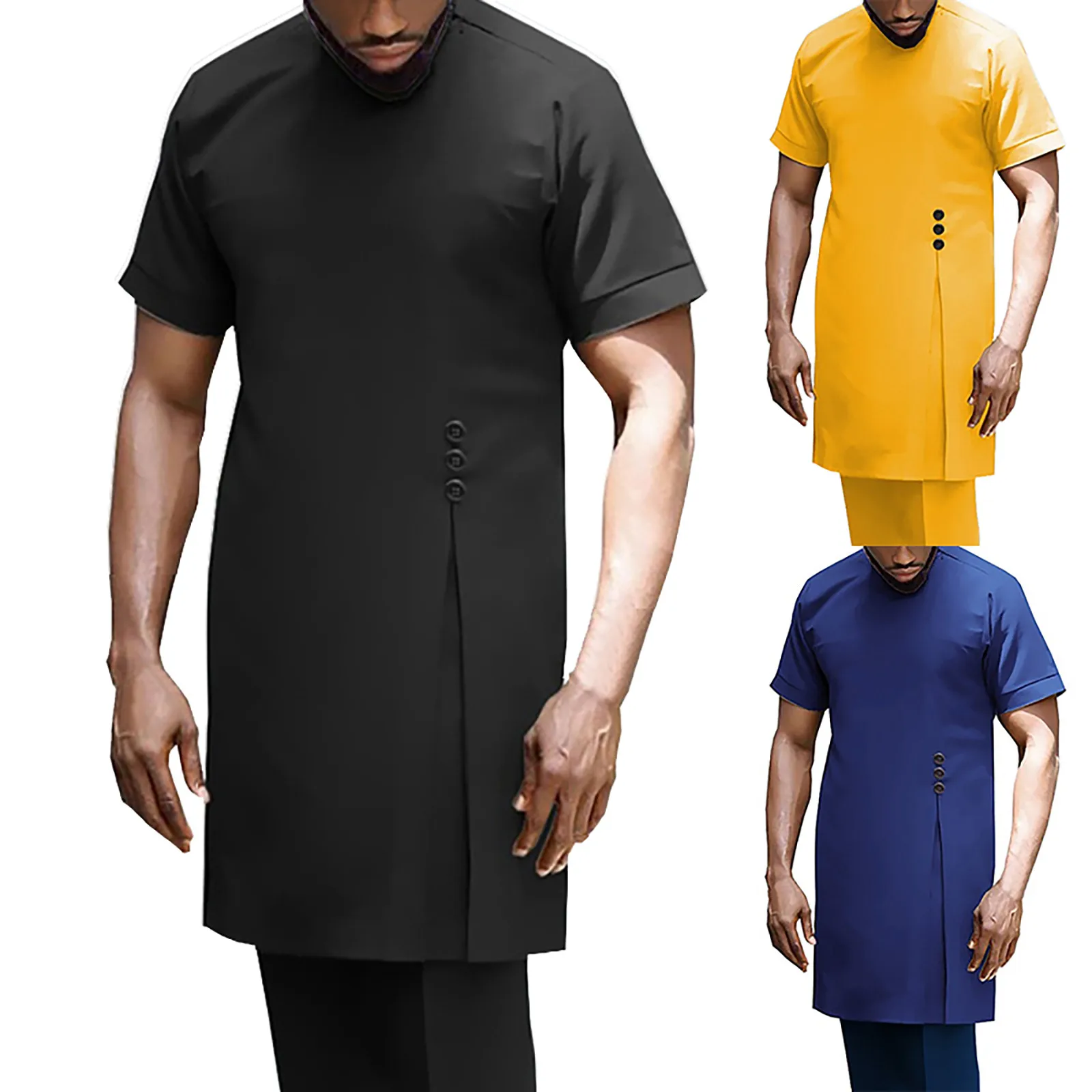 

2024 Muslim Men's Robe Islamic Arabian Button Solid Color Abaya Summer Casual Arabian Islamic Robe Eid Ramadan O Neck Eid