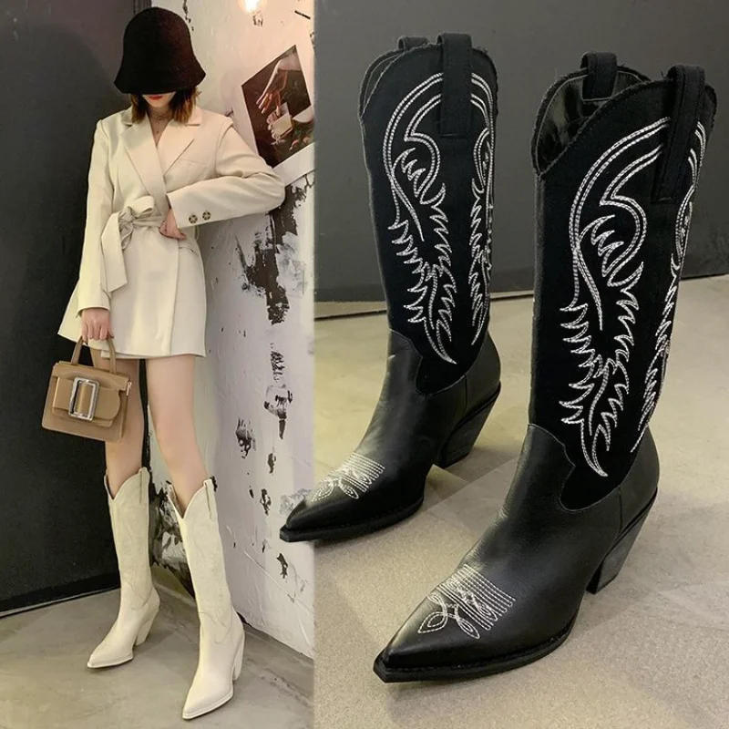 

Fashionable Women Boots Embroidered Western Cowboy Boot Pointed Thick Heel Boots High Boots Cavalry Boots Knee High Women Shoes