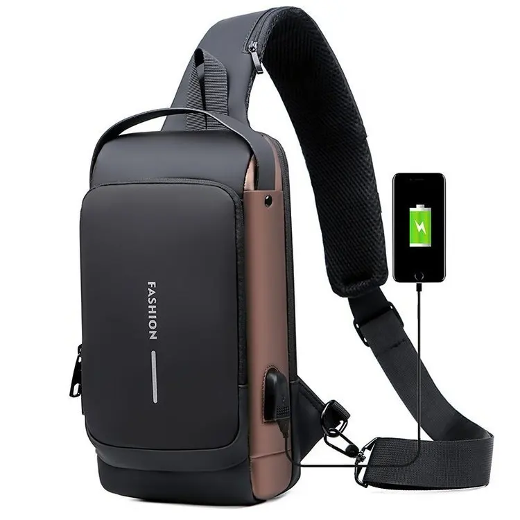 

USB Charging Men Multifunction PU Chest Bag Sport Sling Bag Male Anti-theft Chest Bag with Password Lock with Adjustable Shoulde