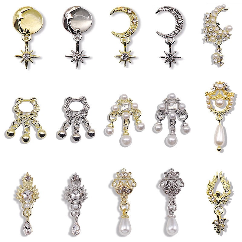 

5PCS Luxury Alloy Nail Art Charms Crystals Rhinestone Pearls Moon Star Pendant Accessories For Nail Decoration Manicure Supplies